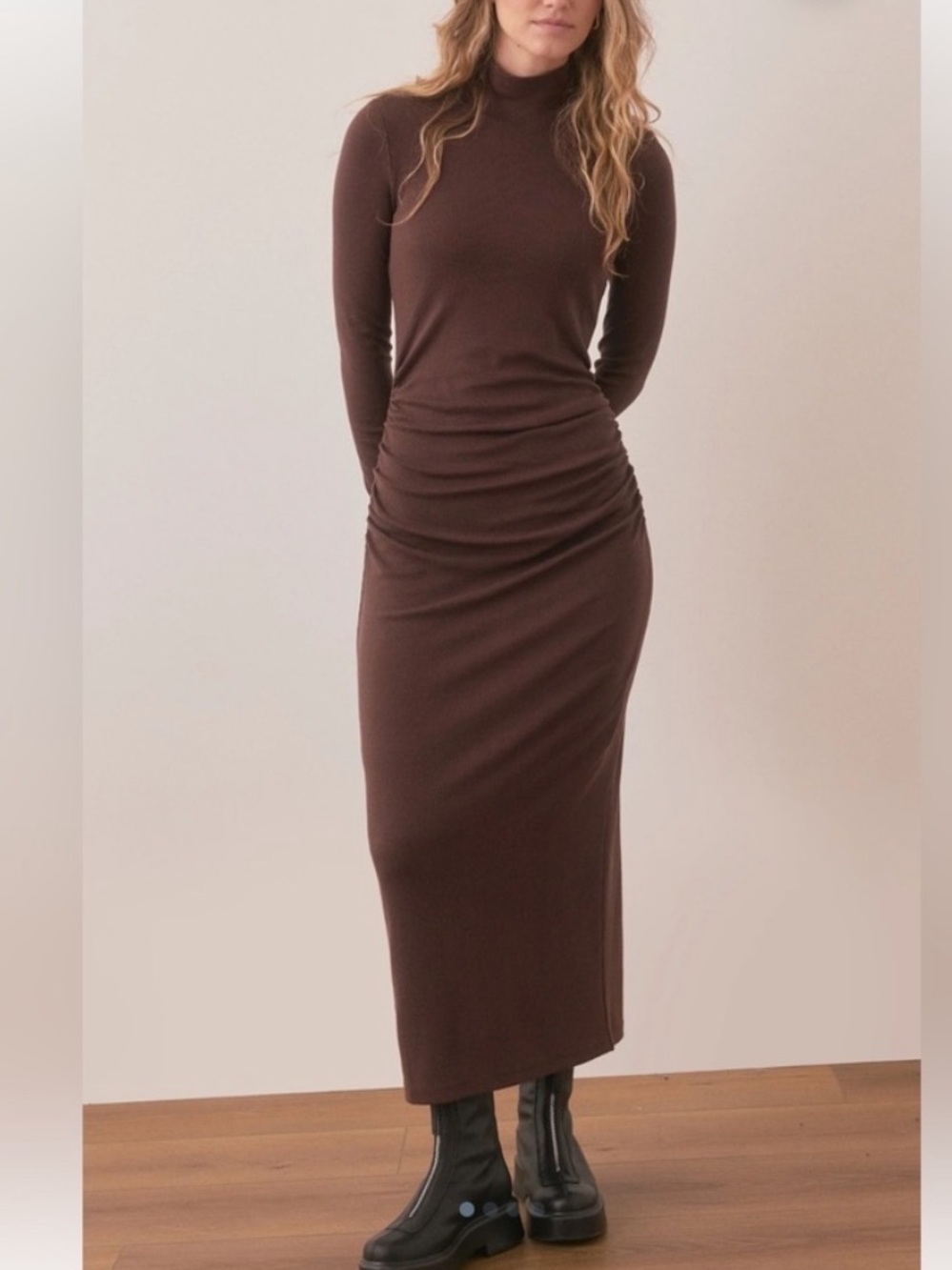 Marine Lexi Brown Ribbed Ruched Turtleneck Maxi Dress NWT size Medium